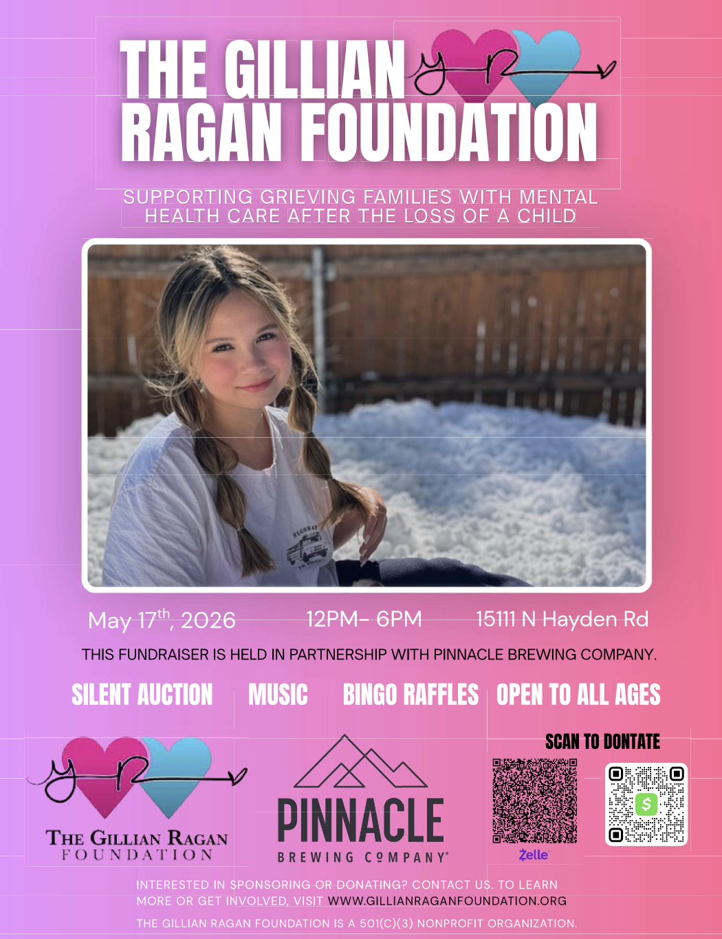The Gillian Ragan Foundation fundraiser flyer — May 17, 2026 at Pinnacle Brewing Company